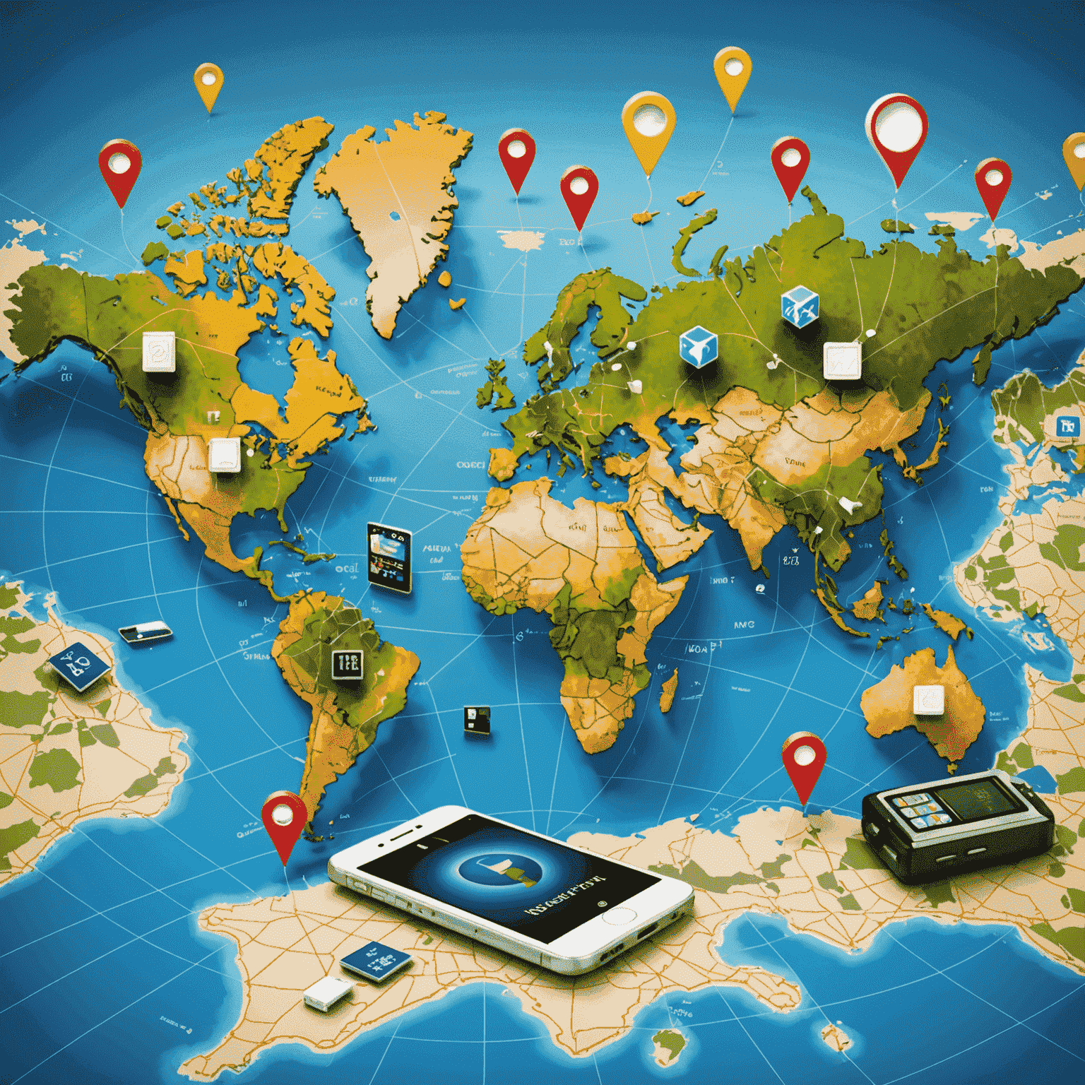 صورة توضيحية للتجوال الدولي تظهر خريطة العالم مع رموز الهواتف المحمولة وبطاقات SIM