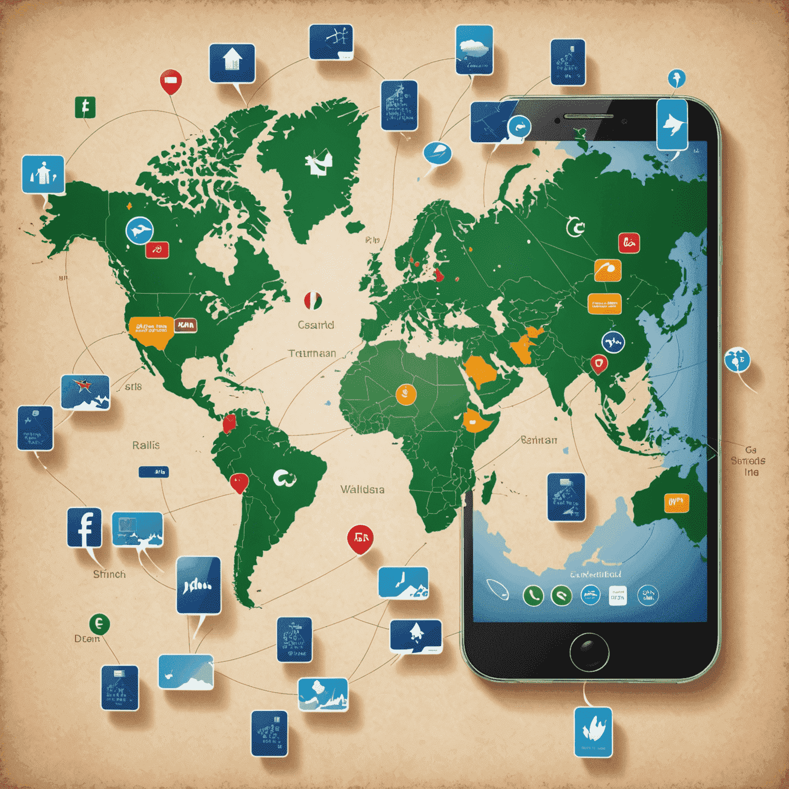 صورة لخريطة العالم مع رموز الهواتف المحمولة وبطاقات SIM في مختلف البلدان